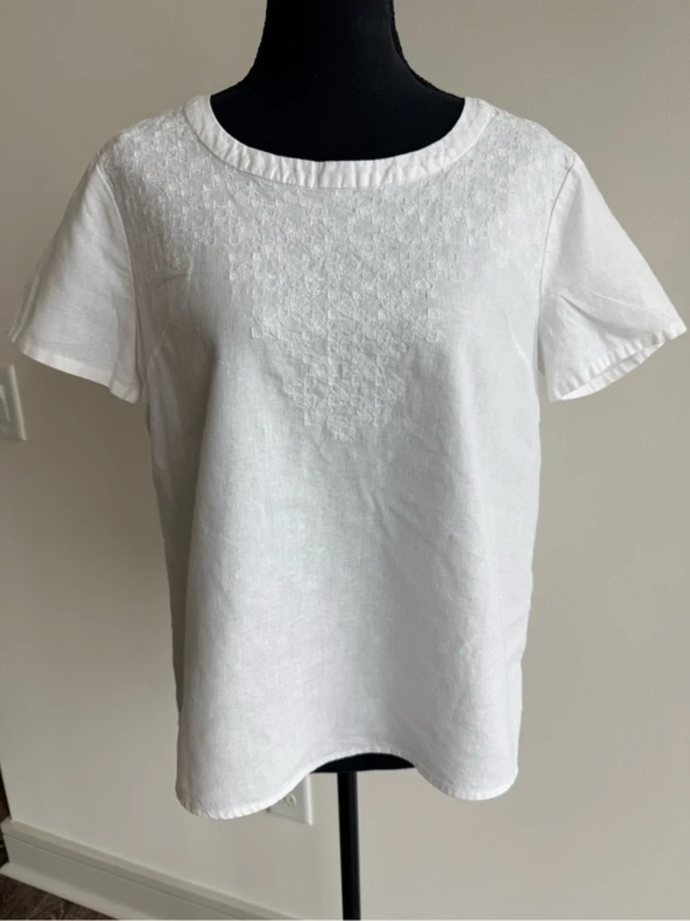 J. Crew White Short-Sleeve Embroidered Linen-Blend Top